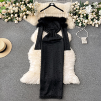 Clothing fur stitching beaded dress dress female niche light luxury waist slimming temperament celebrity party dress