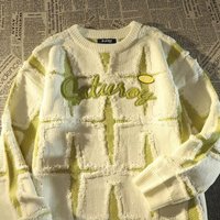 Loose Round Neck Autumn Winter Style American Star Embroidery Letter Casual Knit Sweater Coat