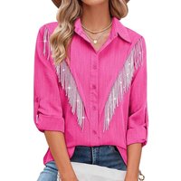 Elegant Fringe Detail Long Sleeve Shirt For Women – Stylish Solid Color Office & Casual Blouse With Classic Collar