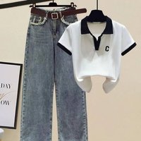 Clothing Reducing Belly Covering Short Sleeved T Shirt High Waisted Denim Wide Leg Pants Two Piece Suit Ins