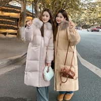 Knee Length Hooded Puffer Coat Detachable Faux Fur Trim – Oversized Winter Parka Black Khaki Pink