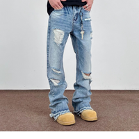  Street Washed Ripped Flared Jeans Tassel Decor High Street Cleanfit Straight Drape Trousers