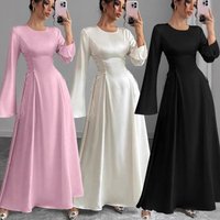 Long Sleeved Satin Dress Fitted Waist Arabian Style Middle Eastern Saudi Arabia Dubai Fashion Muslim Clothing