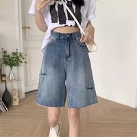 High Waist Distressed Denim Shorts Summer Ripped Casual Boho Shorts Stretch Mid Length Loose Fit Capri Pants