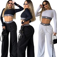 Autumn Winter Fashionable Long Sleeved Sexy Crop Top High Waist Loose Casual Straight Leg Wide Leg Pants Set