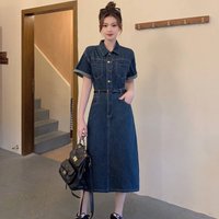 Women's Clothing High End Polo Collar Denim Dress Summer Split Belt Design Niche Temperament Long Skirt