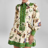 Women's Clothing Lace Up Printed Lapel Long Sleeved Pleated Dress