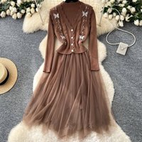  Knit Mesh Dress & Beaded Vest Set – Elegant Two Piece Outfit 