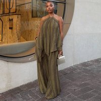 Halter Neck Sleeveless Irregular Top Wide Leg Trousers Set Fashion