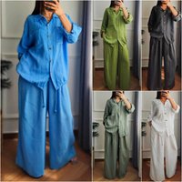 Women's Clothing Casual Loose Cotton And Linen Solid Color Shirt Button Wide Leg Pants 2 Piece Set