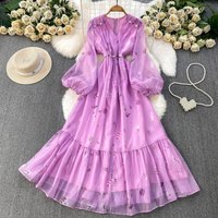 Women's Clothing Elegant French-Style V-Neck Floral Print Dress With Bow Tie & Ruffle Hem For Women – Versatile Long Sleeve Dress For Vacation