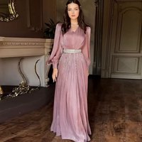 Clothing Fashion V Neck Pleated Tulle Long Sleeved Swing Dress