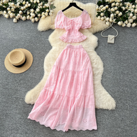 Women’s Clothing Style Outfit For Women Waisted Square Neck Puff Sleeve Shirt High Waist Hollow Embroidered Skirt Holiday Style Suit