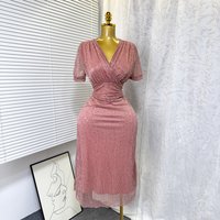 Clothing Elegant V Neck Waist Hot Diamond Shiny Short Sleeve Fashion Dress