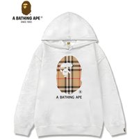 A Bathing APE BAPE-BAPE&BURBERRY Collaboration Striped Grid Ape Head Pattern Letter Logo Printed Hoodie Unisex