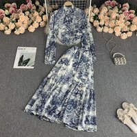 Summer Women's Fashion Chiffon Suit Set Loose Shirt High Waist Long Skirt Print Pleated Drape Pure Desire