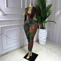 Long Sleeved Pleated Dress European American Style V Neck High Elasticity Sexy Print Dress