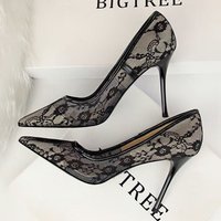 European American Sexy Slimming High Heels Shoes Slim Heels High Heels Shallow Mouth Pointed Mesh Hollow Lace Single Shoes