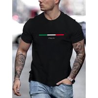100% Pure Cotton Men's Summer Fashion Short Sleeved ITALIA Pattern Printed Casual Slim Fit Versatile T-shirt Top