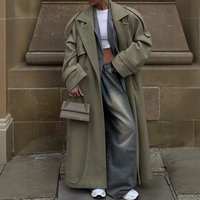Clothing Temperament Lapel Waist Elegant Lapel Belted Long Wool Coat – Light Green Slim Fit Trench Style Single Button Closure