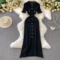 Clothing High Grade Round Neck Petal Sleeve Hollow Knitted Dress Summer Single Breasted Waist Slim Long Skirt