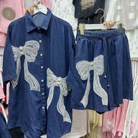 Clothing Heavy Industry Diamond Bow Denim Shirt Top Elastic Waist Denim Shorts Two Piece Set