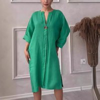 Cotton Linen Pure Casual Round Neck Button Long Dress