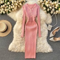 Clothing knitted dress autumn winter design belt waist slimming pit strip slim long sleeved bottoming skirt