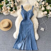 Waist Slimming Denim Dress Scheming Slit Commuting Date Light Mature Temperament Suspender line Skirt