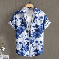 Men's Clothing Punk Retro Style Men's Light Blue Skull Digital Print Short Sleeve Shirt Men's Shirt 2023 Summer Hot