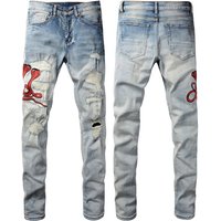 Men's Clothing ins same style cat whisker wrinkled embroidered snake patchwork hole elastic slim fit skinny jeans jeans