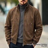 Retro Style Suede Jacket Autumn Winter Stand Collar Zipper Casual Ribbed Cuff Zippered Slanted Pockets