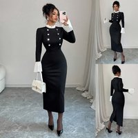 Clothing Elegant Fall Winter Knit Dress Peplum Hem Contrast Gold Buttons Slim Fit V Neck Flared Sleeves Mid Length Black