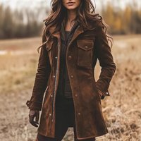 Vintage Brown Suede Jacket For Women - Long Sleeve Retro Faux Leather Coat With Lapel Collar, Gothic Style Distressed Outerwear