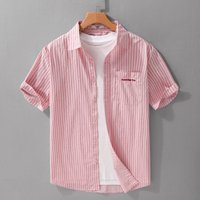 Embroidered Summer Stripes Casual Handsome Refreshing Shirt Striped Half Sleeve Fashion Men's Lining With Cedar Tide