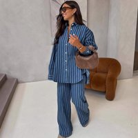 African Chic Plus Clothing Set European American Style Long Sleeved Casual Collared Cardigan Striped Shirt Two Piece Set