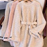 Korean Style Oversized Round Neck Knit Sweater Women's Autumn Loose Fit Longline Waist-Tie Pullover
