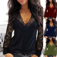 2025 Autumn Lace Splicing V neck Perspective Long Sleeve T shirt