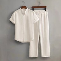 Casual Beach Wear Bamboo Wrinkled Short Sleeved Suit Two Piece Suit