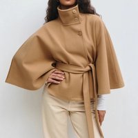  Elegant Trench Cape Coat Button Up Belted Long Sleeve Outerwear Fall & Winter Tailored Fit Polyester Blend