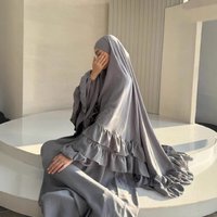 Muslim Women's Clothing Solid Color Long Robe Dress Two-Piece Set Pleated Headscarf Large Hijab P111