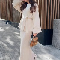 Women's Clothing Autumn And Winter New V Neck Tie Wide Sleeves Temperament High Waist Half Length Sweater Skirt Suit