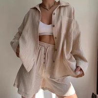 Clothing Wrinkled Lapel Long Sleeved Shirt High Waisted Drawstring Shorts Fashionable Casual Two Piece Set