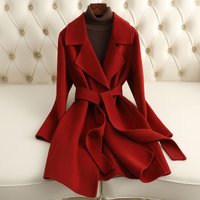 Petite Double-Faced Wool Coat For Women – Mid-Length Belted Trench Coat In Black, Red, Brick Red, Camel & Cream