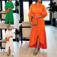 Clothing Single Breasted Belt 7 Point Sleeve Irregular Slim Pleated Long Skirt