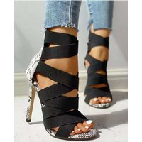 High heeled fish mouth Roman sandals plus elastic cross straps slim heels