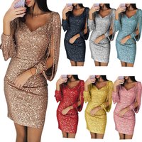 Clothing Shiny Tassel Long Sleeved Slim Nightclub Hip Dress