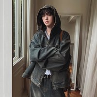 Clothing Autumn Retro Distressed Denim Suit Loose Hooded Jacket Korean Style Trendy Straight Jeans