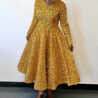 Round Neck Long Sleeve Solid Sequin High Waist Temperament Mid length Dress European American Dress