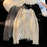 Distressed Knit Sweater – Unisex Oversized Pullover With Raw Hem & Ripped Details (S-3XL, Beige/Black/Gray)